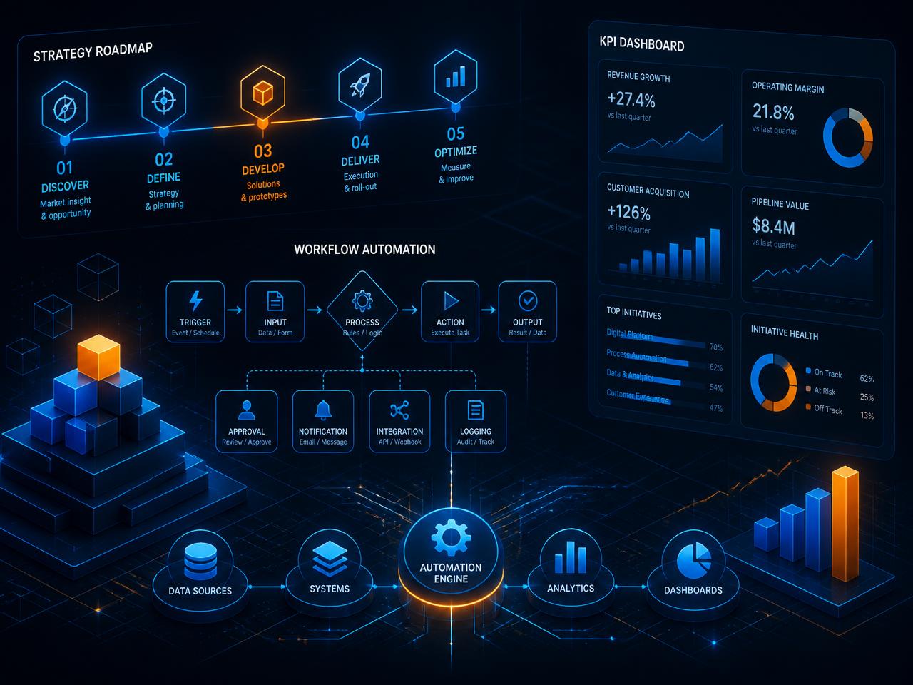 Strategy alignment, automation workflow, and KPI dashboard visualization